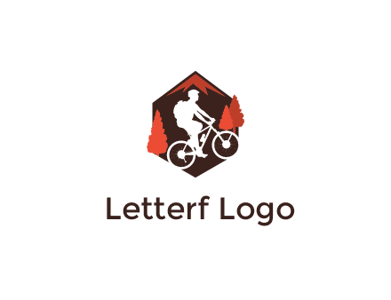 hexagonal mountain biking logo with fir trees