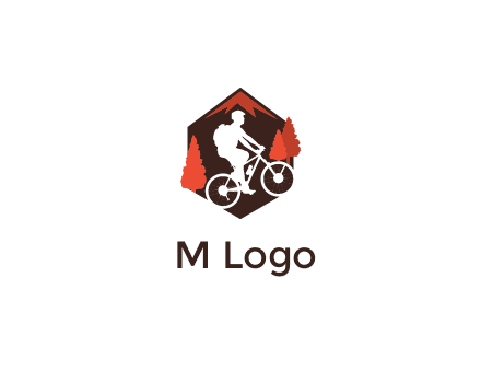 hexagonal mountain biking logo with fir trees