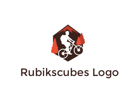 hexagonal mountain biking logo with fir trees