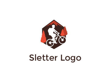 hexagonal mountain biking logo with fir trees