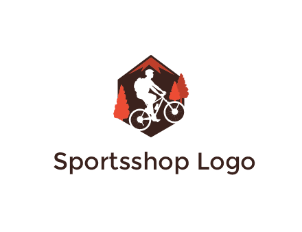 hexagonal mountain biking logo with fir trees