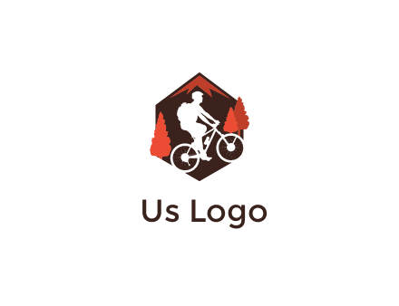 hexagonal mountain biking logo with fir trees