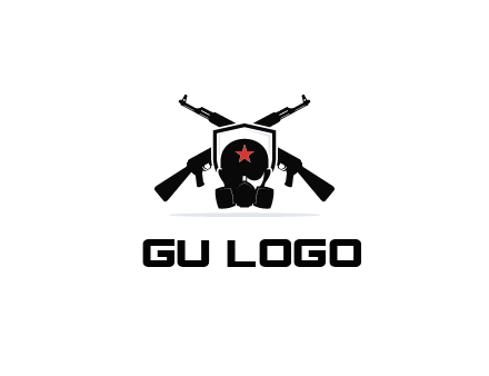 army logo with crossed guns behind a soldier wearing a gas mask