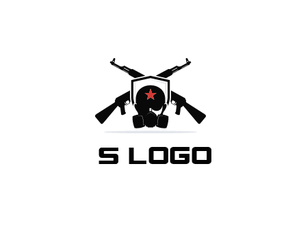 army logo with crossed guns behind a soldier wearing a gas mask