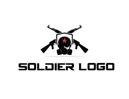 army logo with crossed guns behind a soldier wearing a gas mask