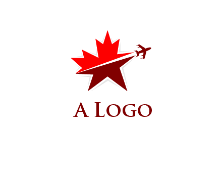 Canada airline or hospitaliity logo with an airplane flying through a maple leaf