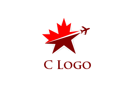 Canada airline or hospitaliity logo with an airplane flying through a maple leaf