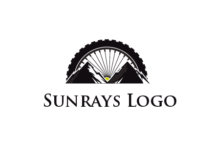 sun's rays forming a wheel behind mountains for a mountain biking logo