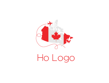 Canadian flag on the map with an airplane flying around it for a Canada tourism logo