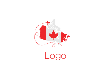 Canadian flag on the map with an airplane flying around it for a Canada tourism logo