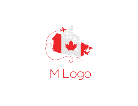 Canadian flag on the map with an airplane flying around it for a Canada tourism logo