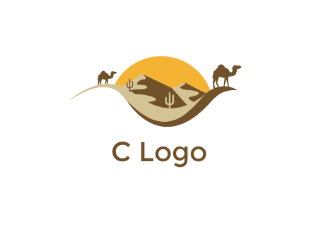 eye of the desert travel logo with sand dunes, camels, cactus and the sun