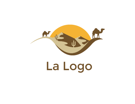 eye of the desert travel logo with sand dunes, camels, cactus and the sun