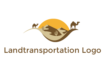 eye of the desert travel logo with sand dunes, camels, cactus and the sun