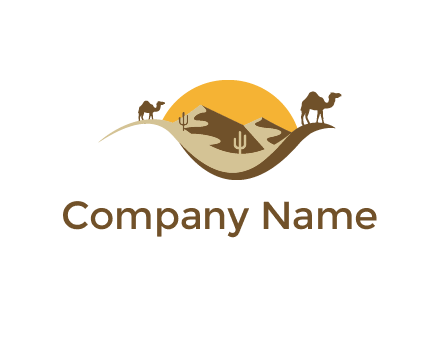 eye of the desert travel logo with sand dunes, camels, cactus and the sun