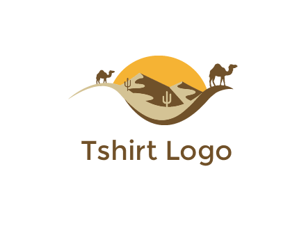 eye of the desert travel logo with sand dunes, camels, cactus and the sun