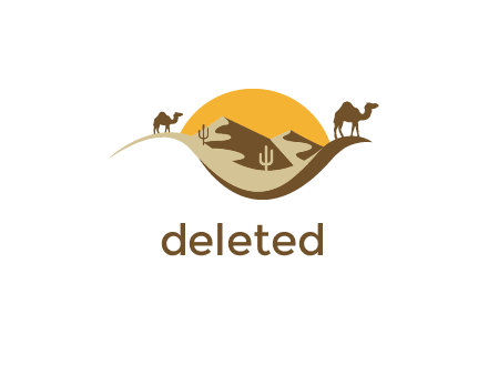 eye of the desert travel logo with sand dunes, camels, cactus and the sun