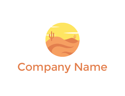 circular logo showing a desert landscape with cactus