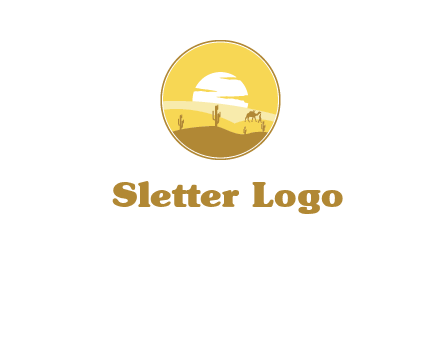 round logo showing sunset in a desert