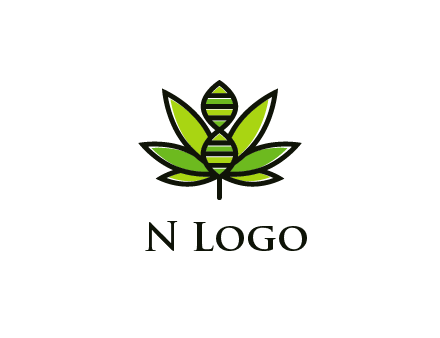 dna at the center of a marijuana leaf logo