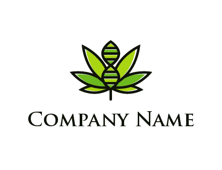 dna at the center of a marijuana leaf logo