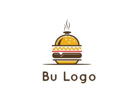 burger with a dish lid logo for an eatery