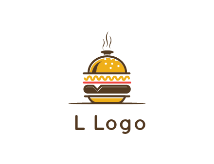 burger with a dish lid logo for an eatery