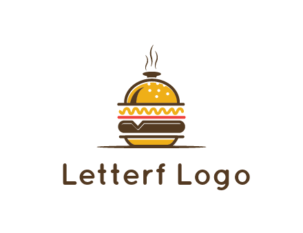 burger with a dish lid logo for an eatery