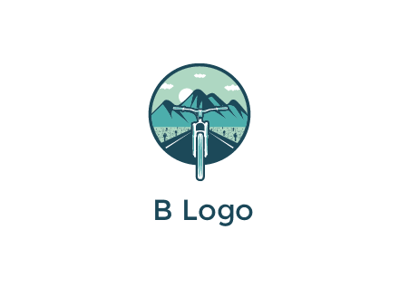 travel logo with bike leaving behind a road and mountains