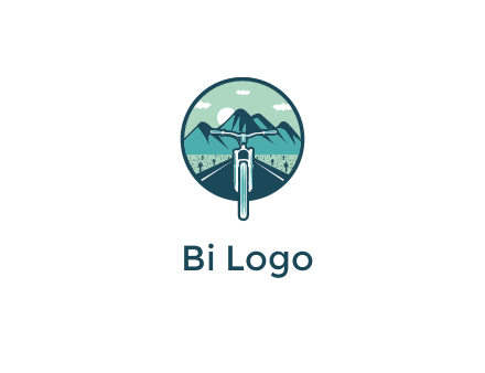 travel logo with bike leaving behind a road and mountains