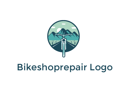 travel logo with bike leaving behind a road and mountains