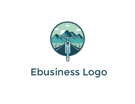 travel logo with bike leaving behind a road and mountains