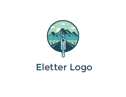 travel logo with bike leaving behind a road and mountains