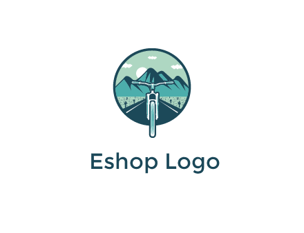 travel logo with bike leaving behind a road and mountains