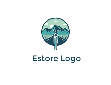 travel logo with bike leaving behind a road and mountains