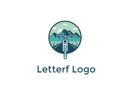 travel logo with bike leaving behind a road and mountains