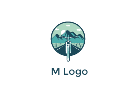 travel logo with bike leaving behind a road and mountains