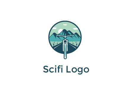 travel logo with bike leaving behind a road and mountains