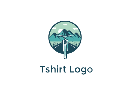 travel logo with bike leaving behind a road and mountains