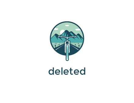 travel logo with bike leaving behind a road and mountains