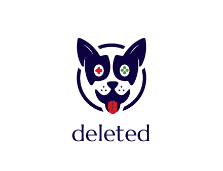 dog logo with gaming controls in eyes