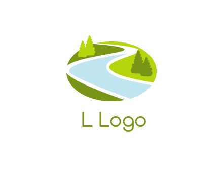 river flowing between trees and greenery for landscaping services logo