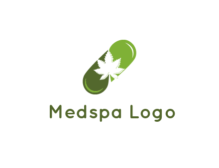 pharmaceutical logo with herbal drops forming a pill with a marijuana leaf in the center