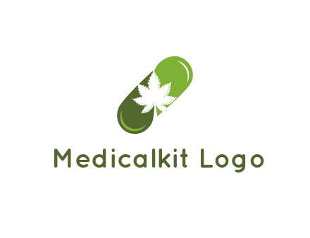 pharmaceutical logo with herbal drops forming a pill with a marijuana leaf in the center