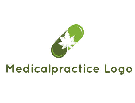 pharmaceutical logo with herbal drops forming a pill with a marijuana leaf in the center