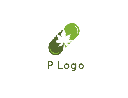 pharmaceutical logo with herbal drops forming a pill with a marijuana leaf in the center