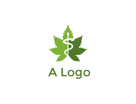 Rod of Asclepius inside marijuana leaf for a medicine logo