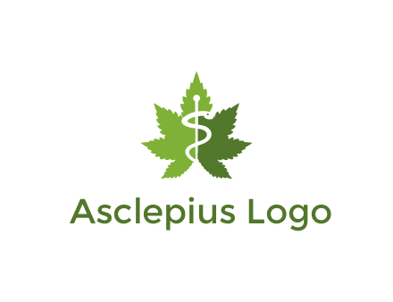 Rod of Asclepius inside marijuana leaf for a medicine logo