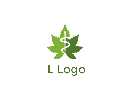 Rod of Asclepius inside marijuana leaf for a medicine logo