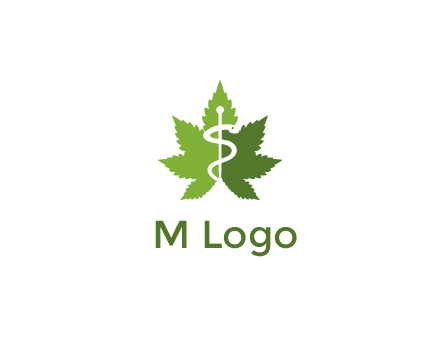 Rod of Asclepius inside marijuana leaf for a medicine logo